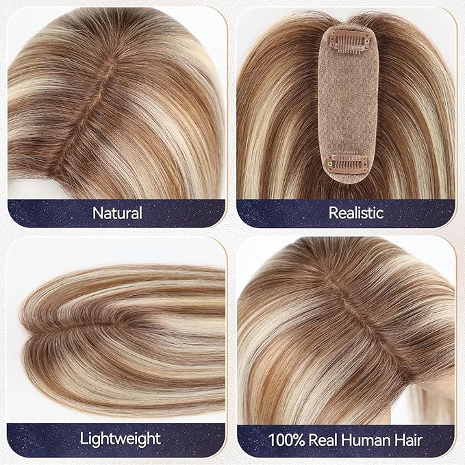 starluck Hair Toppers for Women Real Human Hair 4.5*1.5Silk Base ombre Blonde mix Brown HairPieces No Bangs 100% Real Human HairToppers for Women with ThinningHair Cover Gray Roots