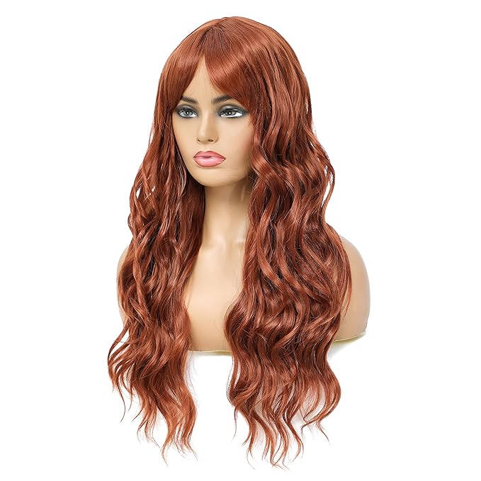 SWACC Long Curly Wavy Wig with Bangs Synthetic Hair Wig for Women with Wig Cap (Dark Copper Red)