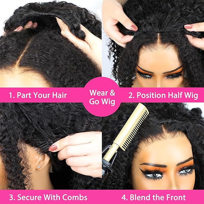 Half Wig Human Hair - 200% Density Curly Half Wig 3 In 1 Wear Go Glueless Wigs 16 Inch Drawstring Seamless Kinky Curly Flip Over Headband Wig Human Hair Beginner Friendly