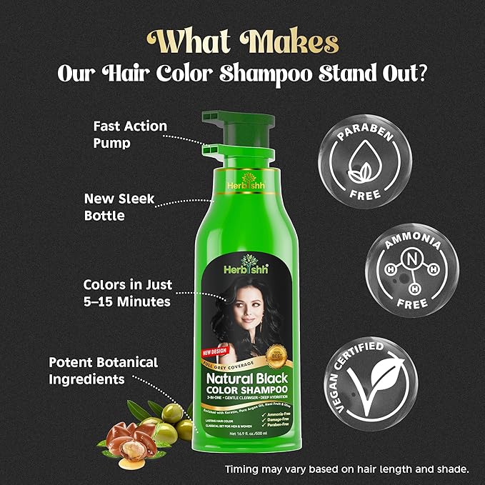 Herbishh Hair Color Shampoo for Gray Hair ? Natural Hair Dye Shampoo ? Colors Hair in Minutes ? Lasts Up To 3-4 Weeks ? 500ML ? 3-In-1 Hair Color ? Colors Cleanses and Conditions (Black)
