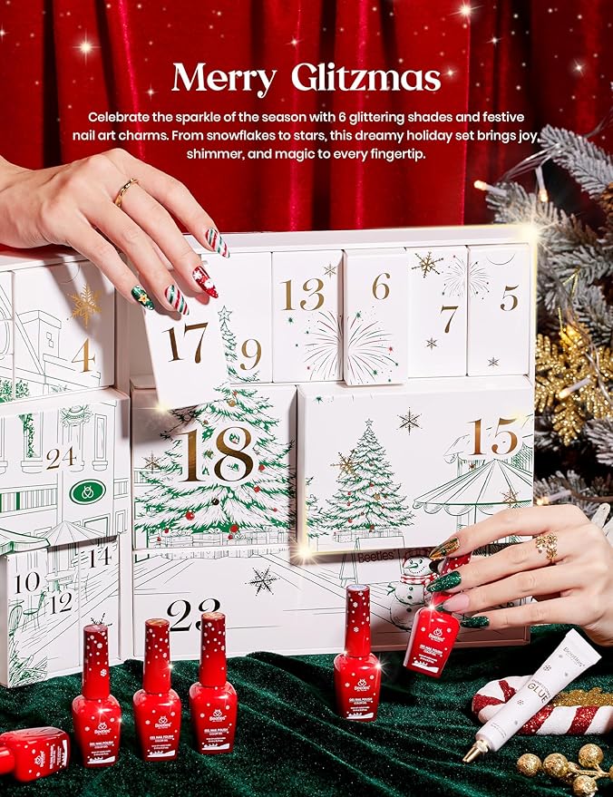 beetles Gel Polish Merry Glitzmas 2025 Christmas Advent Calendar ? 24 Days Christmas Countdown Nail Art Set with Mini LED Nail Lamp Base Top Coat and Festive Holiday Surprises Gifts for Women Girls