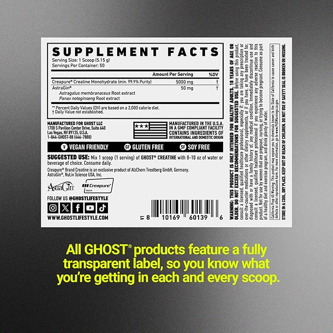 GHOST Basics Creatine Monohydrate Powder for Men &amp Women ? 5G Creapure Creatine Workout Supplement for Muscle Gain ? Vegan Soy Free &amp Gluten Free - 50 Servings