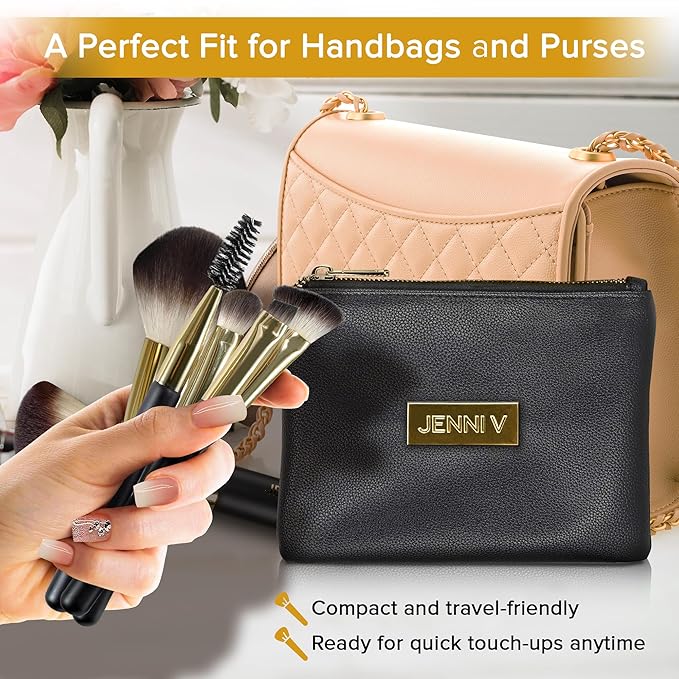 JENNI V Premium Travel Makeup Brushes Set - 14 Pc Mini Makeup Brushes with Handmade Leather Case - Portable Travel Makeup Brush Set with Holder - Travel Size Makeup Products for Blush Foundation