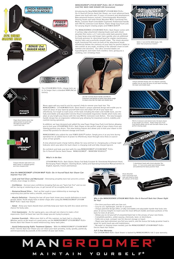MANGROOMER Lithium Max Plus+ Back Hair Shaver (New 7th Generation) Complete Attachment Head With Shock Absorber Neck &amp New 50% wider Blade Design