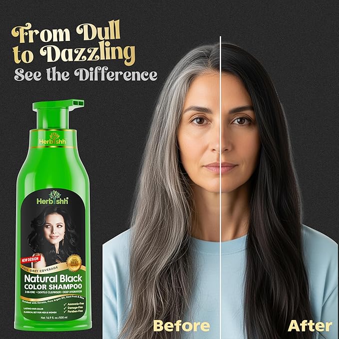 Herbishh Hair Color Shampoo for Gray Hair ? Natural Hair Dye Shampoo ? Colors Hair in Minutes ? Lasts Up To 3-4 Weeks ? 500ML ? 3-In-1 Hair Color ? Colors Cleanses and Conditions (Black)