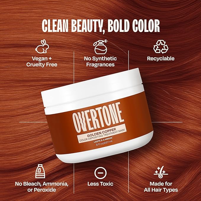 Overtone Semi Permanent Hair Color Conditioner Golden Copper 8 oz Nourishing Damage-Free Color Depositing Mask for All Hair Types with Shea Butter &amp Coconut Oil Vegan &amp Cruelty-Free