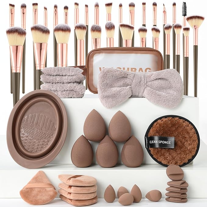 Makeup Brush Set for Foundation Concealer Eyeshadow and Travel Include Make Up Brush Sponge 56PCS Brown