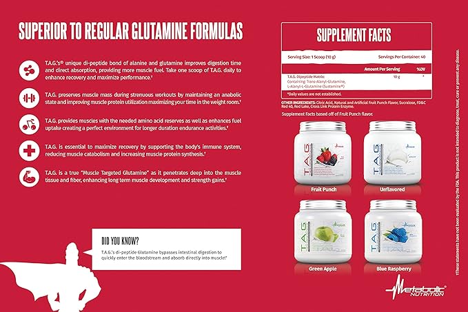Metabolic Nutrition TAG Trans Alanyl Glutamine 100% L-Glutamine Peptide Powder Pre Intra Post Workout Supplement 400 Grams (40 Servings) (Unflavored)