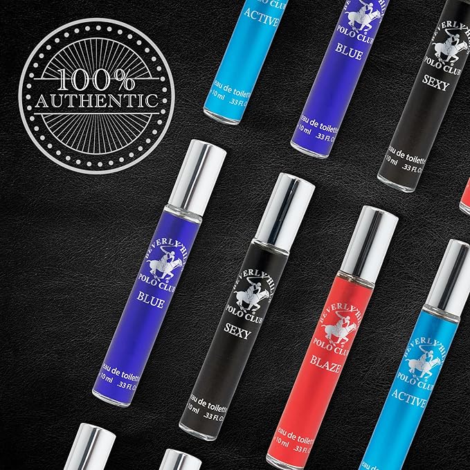 Beverly Hills Polo Club EDT Pen Spray Collection - Set of 4 Men's Fragrance Gift Set - draft Sexy Blaze and Blue Scent - Long-Lasting Travel-Friendly Cologne for Men (10ml Each)