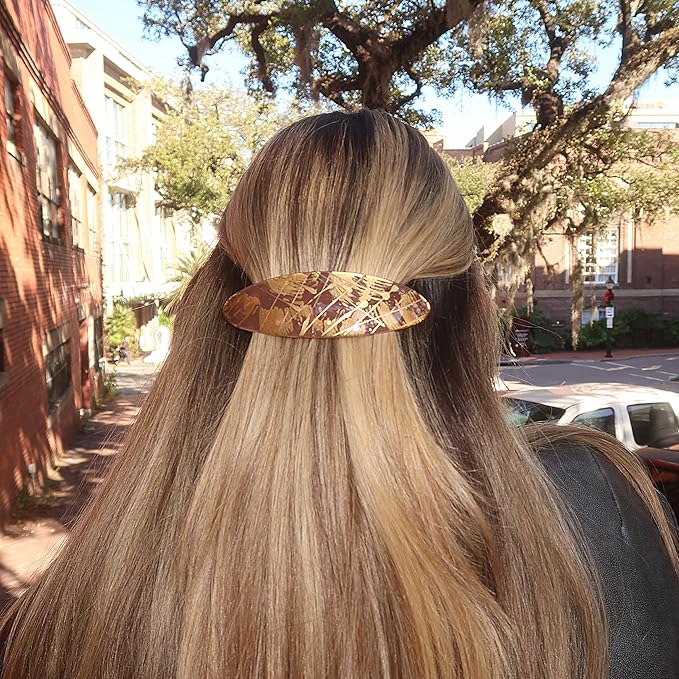 Camila Paris CP3872 French Hair Barrette Clip Oval Ligth Brown and Gold Strong Hold Grip Hair Clips for Women No Slip Rubberized Metal Closure Durable Styling Girls Hair Accessories Made in France