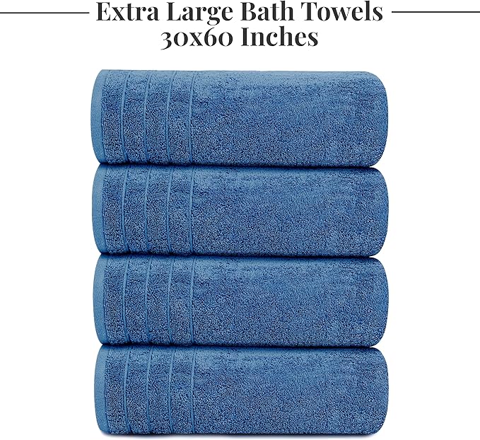 Tens Towels Pack of 4 Extra Large Bath Towels 30 x 60 Inches 100% Cotton Larger &amp Lighter Weight Quicker to Dry Super Soft and Absorbent Perfect for Bathroom Blue