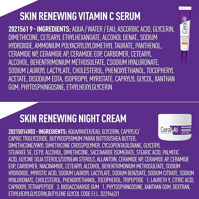 CeraVe Vitamin C Serum and Night Cream Skin Care Set Brightening Serum with 10% Pure Vitamin C &amp Night Moisturizer with Peptides + Hyaluronic Acid Travel Essentials 1oz Vit C + 1.7oz Moisturize