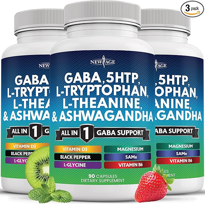 NEW AGE GABA 750mg 5 HTP 200mg L Tryptophan 500mg L Theanine 200mg Ashwagandha SAM-e L-Glycine - Vitamins for Women and Men with 5-HTP (5-Hydroxytryptophan) - 270 Count