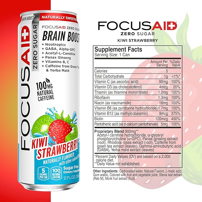 FOCUSAID ZERO SUGAR Nootropics Blend Alpha-GPC GABA 100mg Natural Caffeine from Green Tea Yerba Mate Vitamin B-Complex Keto-Friendly No Artificial Sweeteners 12 Fl Oz (Pack of 12)
