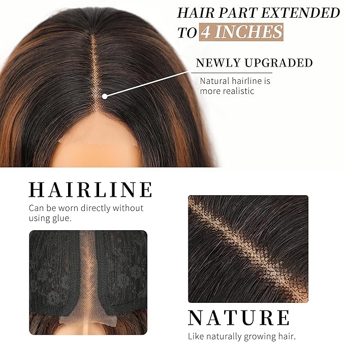 AISI HAIR Dark Brown with Highlights Wig for Women Long Wavy Lace Hairline Middle Part Synthetic Heat Resistant Wig for Daily Party-26 Inch