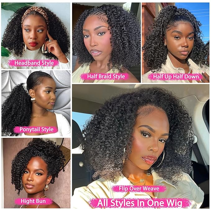 Half Wig Human Hair - 200% Density Curly Half Wig 3 In 1 Wear Go Glueless Wigs 16 Inch Drawstring Seamless Kinky Curly Flip Over Headband Wig Human Hair Beginner Friendly