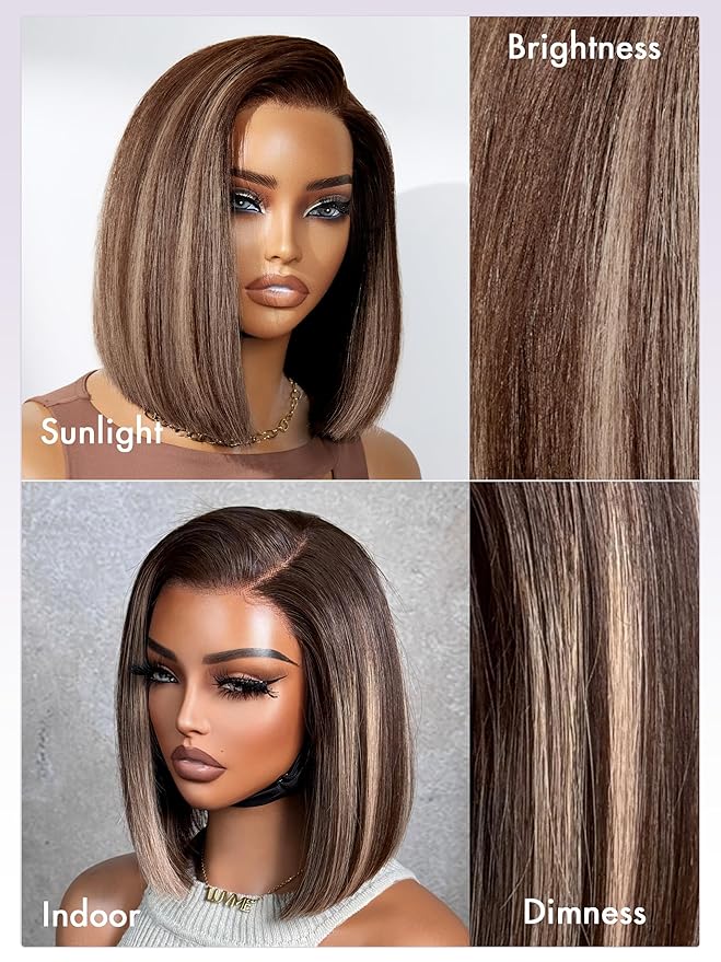 LUVME HAIR Bob Wig 100% Human Hair Wigs Glueless Lace Front 200% Density 12 Inches Mix Highlights Bob Pre Cut Plucked Hd Lace Short Wig Ready To Go Natural Color Straight Bleached Knots Side Part