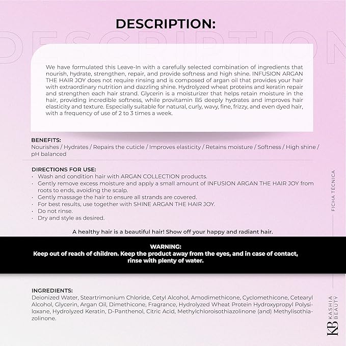 Kashia Beauty Argan Infusion The Hair Joy 2 oz ? Leave-In Treatment with Organic Argan Oil Keratin &amp Wheat Protein ? Moisturizes Repairs &amp Adds Shine ? For Curly Frizzy Fine or Color-Treated H