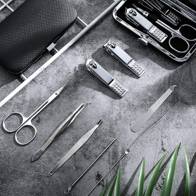 Geosar 12 Sets Manicure Set Nail Clippers Pedicure Kit 8 in 1 Grooming Stainless Steel Kits Nail Care Tools with Travel Case Xmas Gifts Christmas Stocking Stuffers for Men Women(Black)