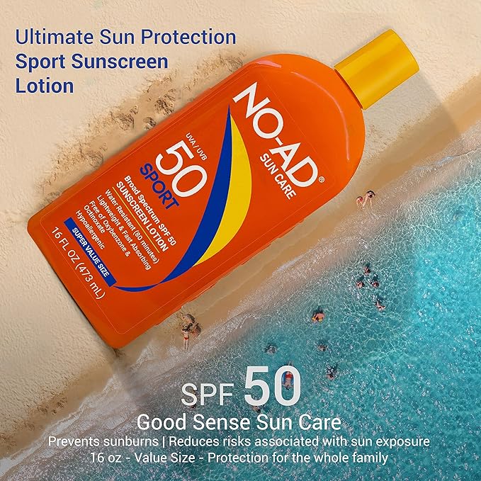 NO-AD SPF 50 SPORT Sunscreen Lotion | Hypoallergenic | Broad Spectrum UVA/UVB Protection | Water Resistant | Octinoxate &amp Oxybenzone Free with moisturizing Vitamin E and Aloe 16oz