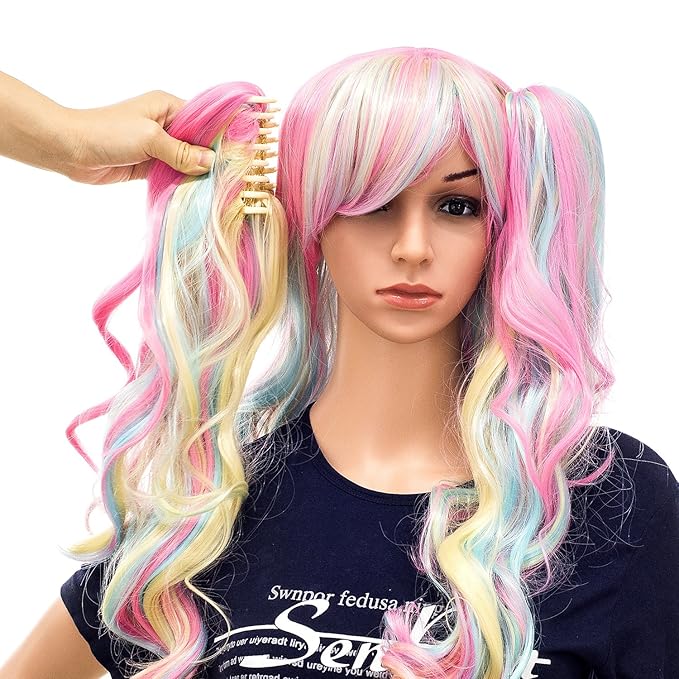 SWACC Long Curly Double Claw Clip on Ponytail Wig Synthetic Pastel Colorful Cosplay Daily Party Wig for Women with Wig Cap (Multi-Color Pink/Blue/Blonde-3)