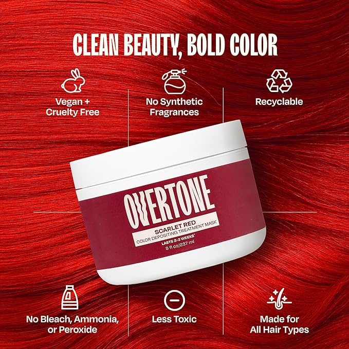 Overtone Semi Permanent Hair Color Conditioner Scarlet Red 8 oz Nourishing Damage-Free Color Depositing Mask for All Hair Types with Shea Butter &amp Coconut Oil Vegan &amp Cruelty-Free