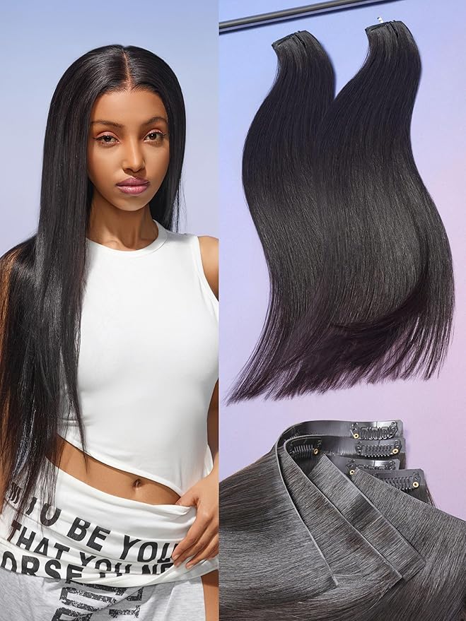 LUVME Invisible Clip in Hair Extensions20 Inch 2 Pack 220g 12pcs Silky Straight Invisible Clip ins Hair Extensions Human Hair Natural Black Hair for Women