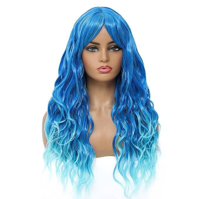 SWACC Long Curly Wavy Wig with Bangs Synthetic Hair Wig for Women with Wig Cap (Teal Blue Ombre)