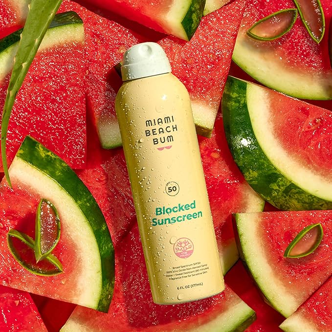 Miami Beach Bum SPF 50 Blocked Mineral BOV Spray (6 Fl oz) with Algae Aloe &amp Antioxidants Broad Spectrum Sunscreen Non-Aerosol Hawaii Reef Compliant - Octinoxate Oxybenzone &amp Petroleum Fr