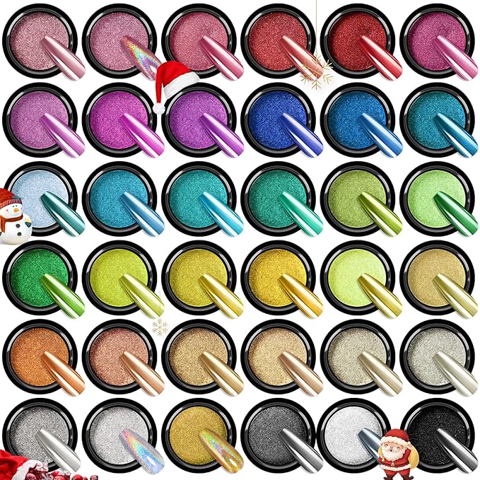 SAVILAND Chrome Nail Powder Set: 36 Colors Metallic Mirror Effect Holographic Chrome Nail Powder Iridescent Chameleon Pigment Manicure DIY Nail Art Decoration Glitter Dust with Sponge Brushes Home Use
