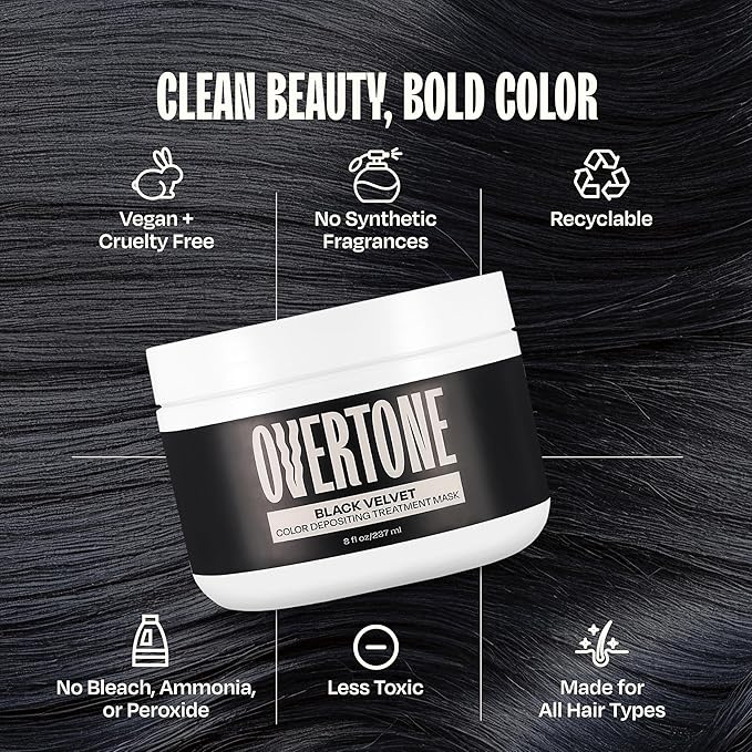 Overtone Semi Permanent Hair Color Conditioner Black Velvet 8 oz Nourishing Damage-Free Color Depositing Mask for All Hair Types with Shea Butter &amp Coconut Oil Vegan &amp Cruelty-Free