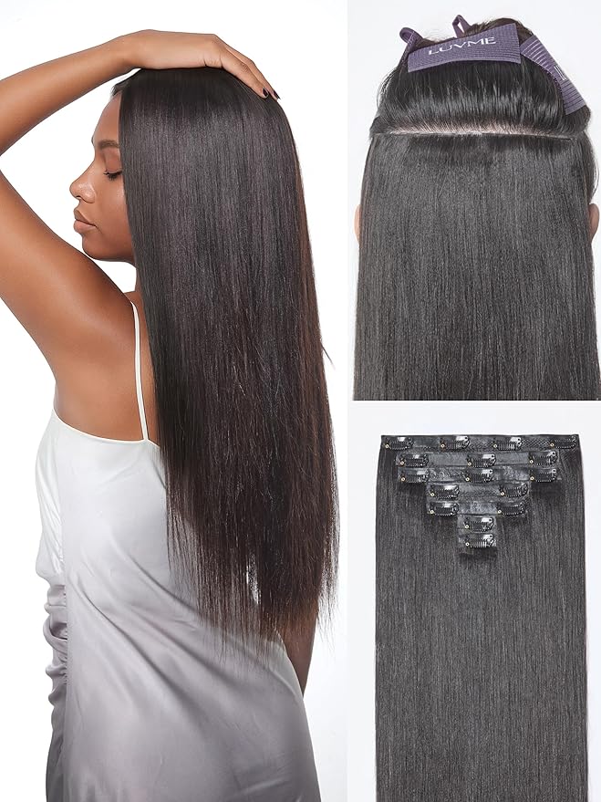 LUVME 0.59mm Zero Trace Invisible Clip in Hair Extensions Yaki Straight 6 Pcs 100g 22 Inch 100% Real Human Hair Clip Ins Zero Trace Wide Wefts Fast Clip In Routine for Office &amp Special Events