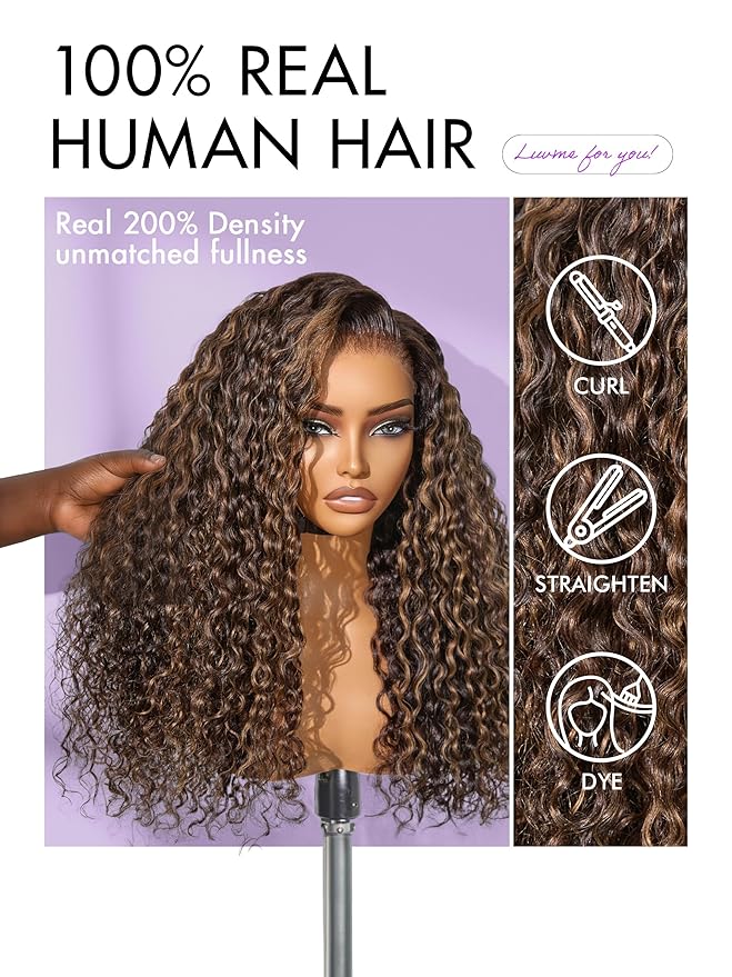 LUVME HAIR 7x6 HD Lace All-Day Comfort Wig PartingMax Lace Wigs Water Wave Curly Lace Front Wigs Human Hair Pre Cut Plucked Lace Frontal Glueless 24 Inches Hlighlight Color