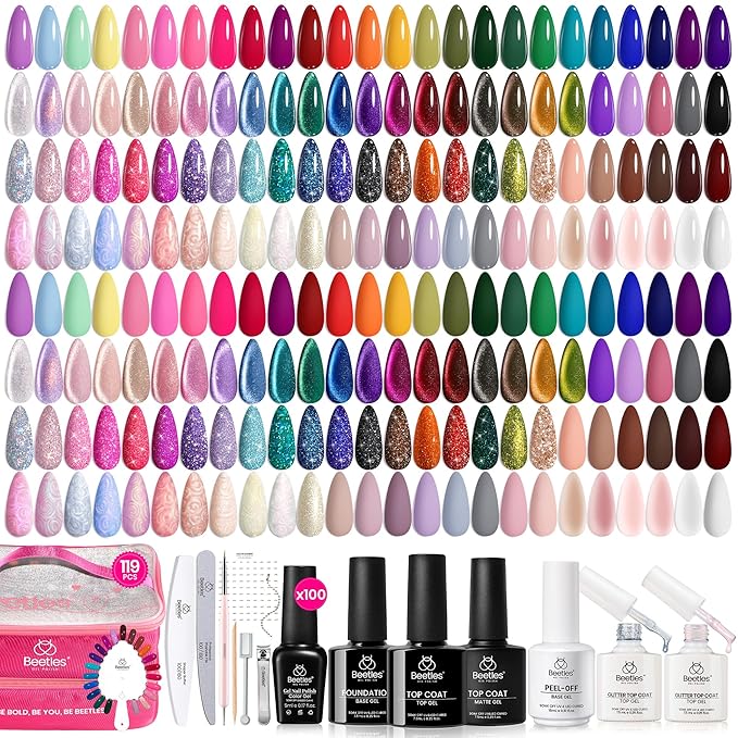 Beetles 100 Colors Gel Nail Polish Set 119 PCS Nail Polish Kit All Season Cat Eye Pink Blue Jelly Glitter Pearl Gel Polish &amp 5Pcs Base Top Coat Soak off UV Manicure Nail Art Home Gifts for Women