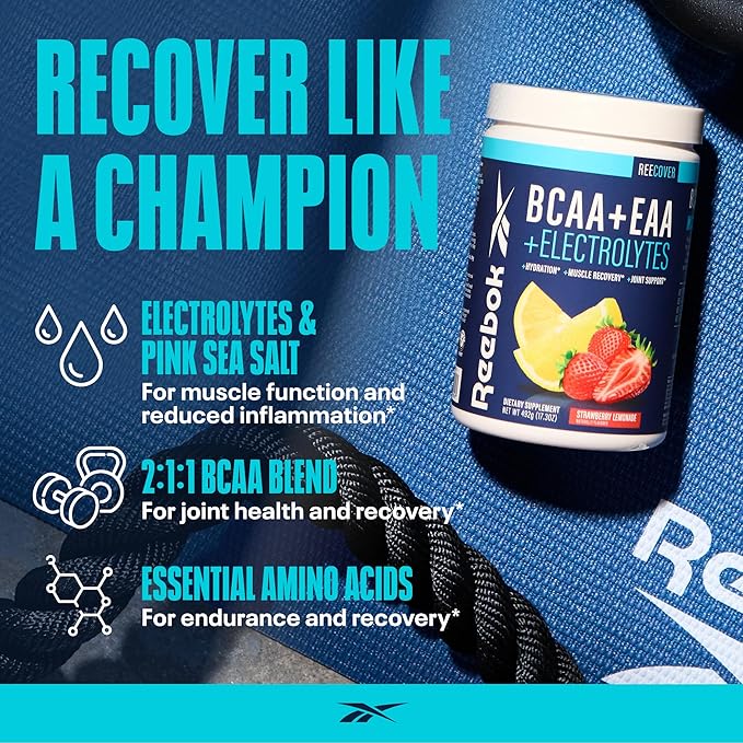 Reebok REECover Amino Acids + Electrolytes | 8g EAAs 5g BCAAs Hydration Matrix | Muscle Recovery Strength | Post-Workout Support | 30 Servings | Strawberry Lemonade