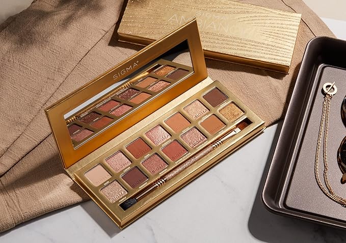 Sigma Beauty Ambiance Eyeshadow Palette | Luminous Neutral and Gold Shades | Summer Vibes Mirror Included