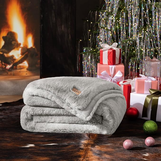 UGG Euphoria Plush Faux Fur Throw Blanket Oversized Warm Throw for Couch or Chair Luxury Bedroom Decor Christmas Cozy Blankets Machine Washable 50-inch x 70-inch Seal Grey