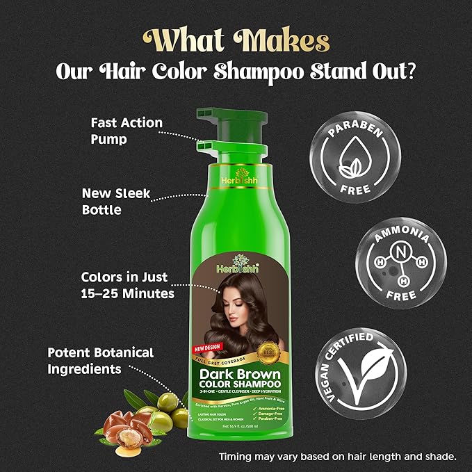 Herbishh Hair Color Shampoo - Magic Dye for Gray Hair Lasting Color in Minutes - 500 Ml 3-In-1 Ammonia-Free (Dark Brown)