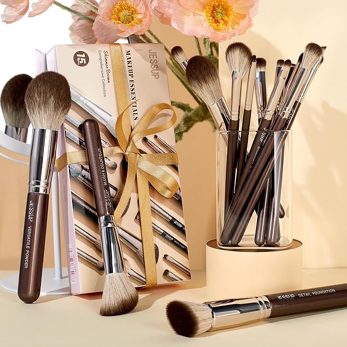 Jessup Makeup Brushes Set 15pcs Brown Make up Brushes Set Professional Premium Synthetic Foundation Eyebrow Concealer Blush Eyeshadow Contour Eyeliner Powder Blending Highlighter Brush T498