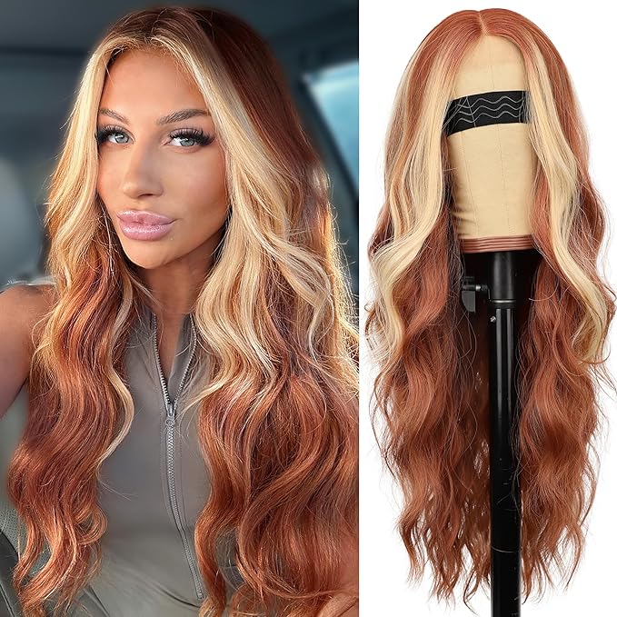 AISI HAIR Ginger Mixed Blonde Wig for Women Long Wavy Lace Hairline Middle Part Synthetic Wig for Daily Party-26 Inch