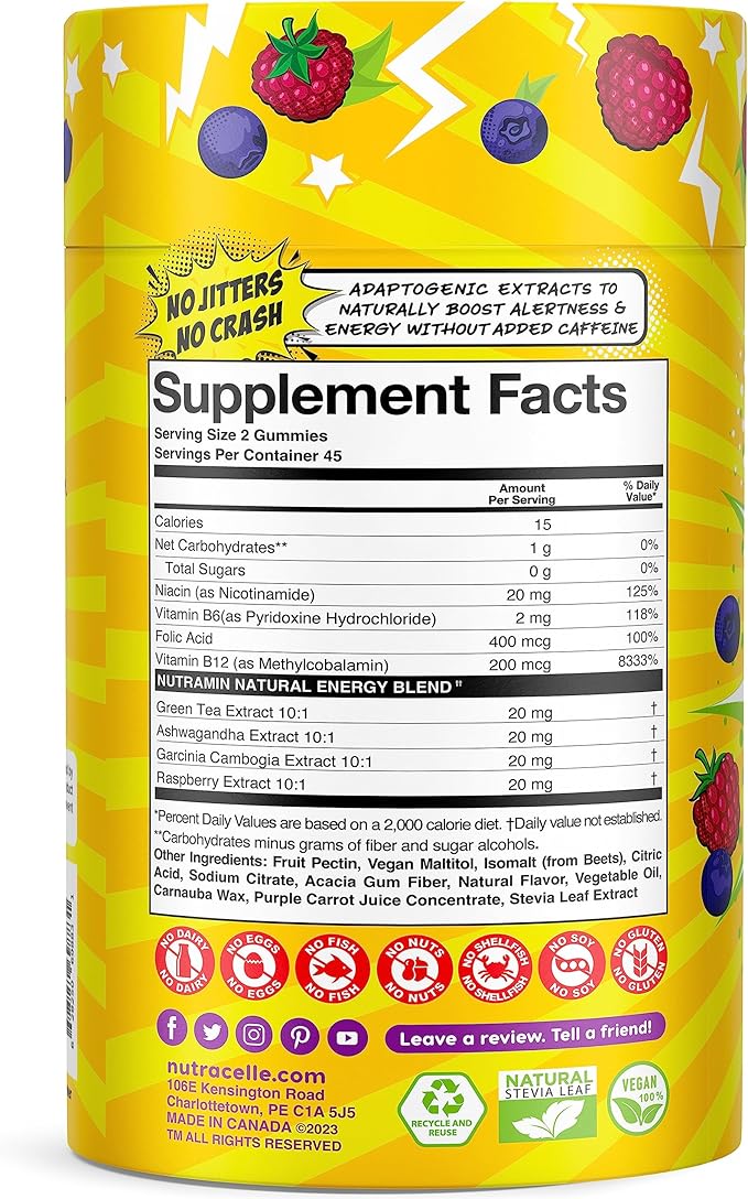 NUTRAMIN Energy Boost Vitamin Gummy - Skip The Coffee &amp Boost Your Energy Caffeine-Free Sugar-Free Vegan B12 Green Tea Ashwagandha Garcinia Cambogia Raspberry Adaptogen - 90 ct