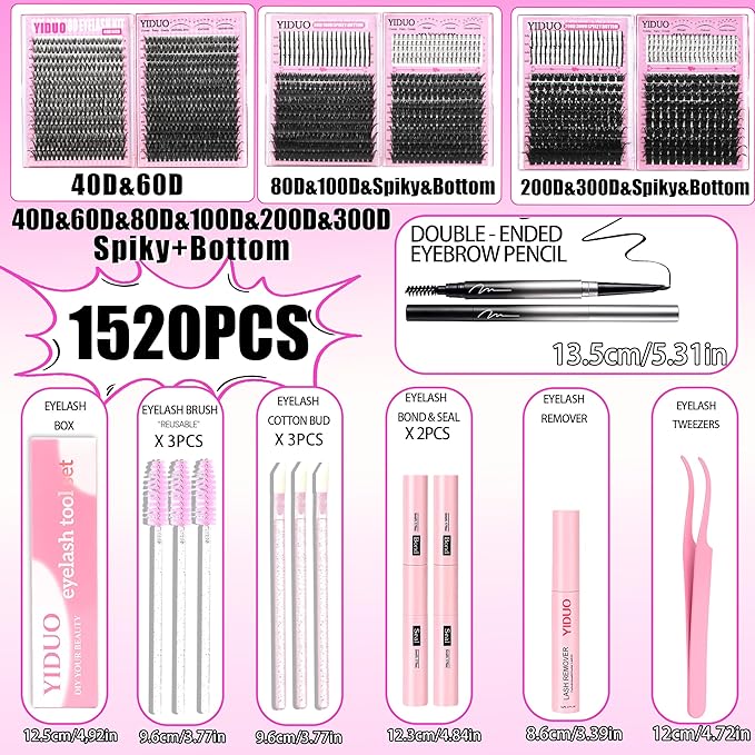6 Styles Mix Lashes Clusters Kit 3 Box Cluster Lash Book Kit with 2X Bond&ampSeal 1520Pcs 100D/200D/300D Volume Individual Eyelash Extension Gift Packs for Beginners. DIY at Home Easily