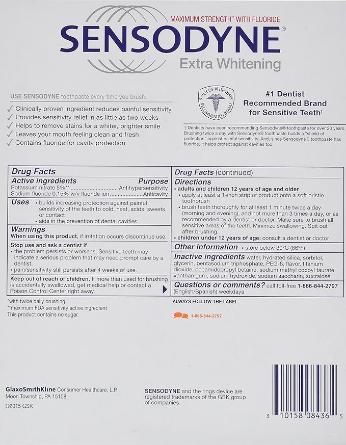 Sensodyne Extra Whitening Fluoride Toothpaste for Sensitive Teeth 4 ct 26 Oz