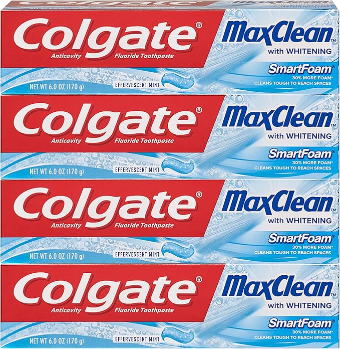 Colgate Max Clean Whitening Foaming Toothpaste with Fluoride Effervescent Mint 6 Ounce 4 Pack