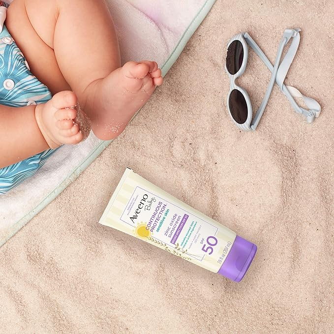 Aveeno Baby Continuous Protection Zinc Oxide Mineral Sunscreen Lotion for Sensitive Skin Broad Spectrum SPF 50 Tear-Free Sweat- &amp Water-Resistant Paraben-Free Non-Greasy 7 fl. oz