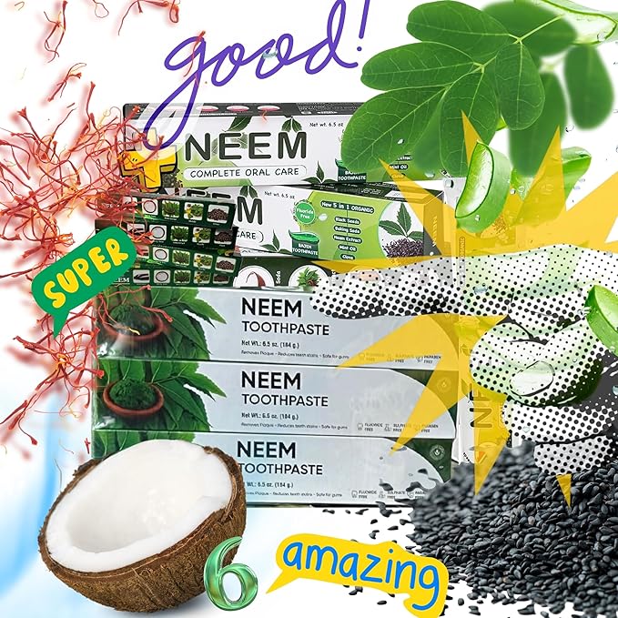 Pack of 6 - Organic Neem 10 in 1 Fluoride Free Toothpaste - Neem Clove Black Seed Cardamon Aloe Vera Tea Tree Oil Miswak Clove - Herbal Blend - 7.05 oz