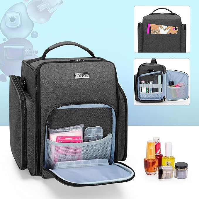 BAFASO Nail Polish Organizer Holds 72 Bottles (15ml - 0.5 fl.oz) Large Nail Polish Case with 3 Removable Pouches and Multiple Storage Sections (Patented Design) Black