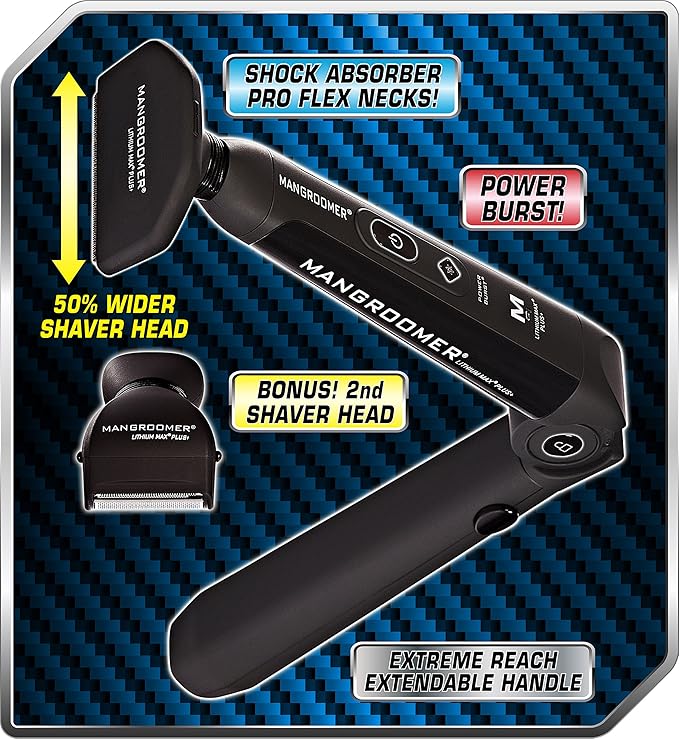 MANGROOMER Lithium Max Plus+ Back Hair Shaver (New 7th Generation) Complete Attachment Head With Shock Absorber Neck &amp New 50% wider Blade Design