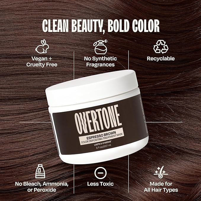 Overtone Semi Permanent Hair Color Conditioner Espresso Brown 8 oz Nourishing Damage-Free Color Depositing Mask for All Hair Types with Shea Butter &amp Coconut Oil Vegan &amp Cruelty-Free