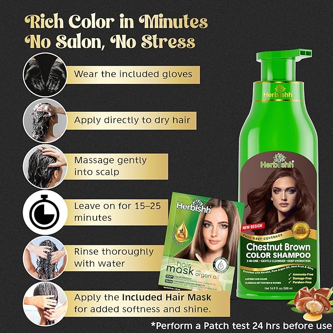 Herbishh Chestnut Brown Hair Color Shampoo - 3-In-1 Magic Dye for Gray Hair 500 Ml + Essential Flower Hair Oil - Organic Formula for Dry Damaged Hair 60 ML